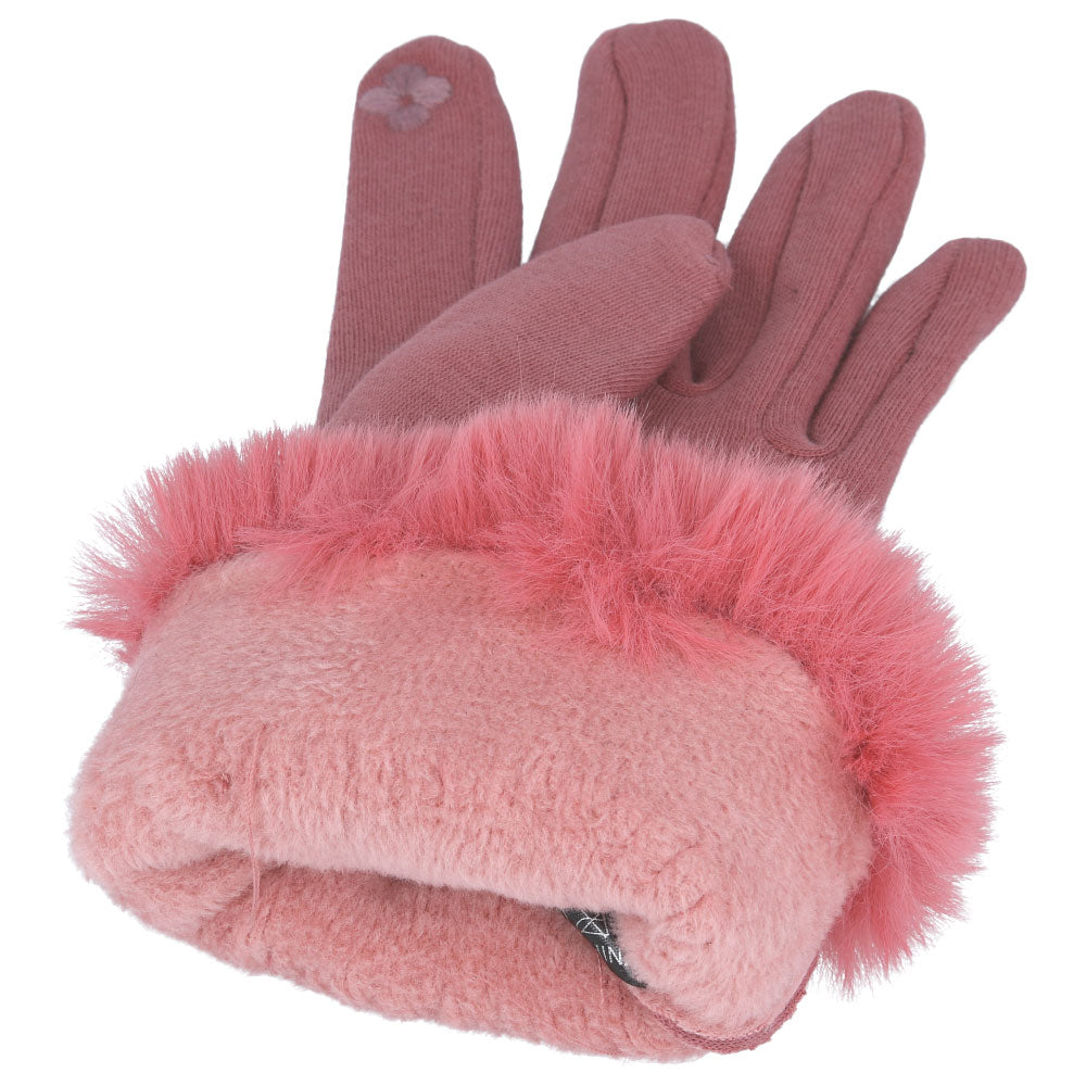 Ladies Soft Cotton Touchscreen Gloves with Faux Fur – Pink