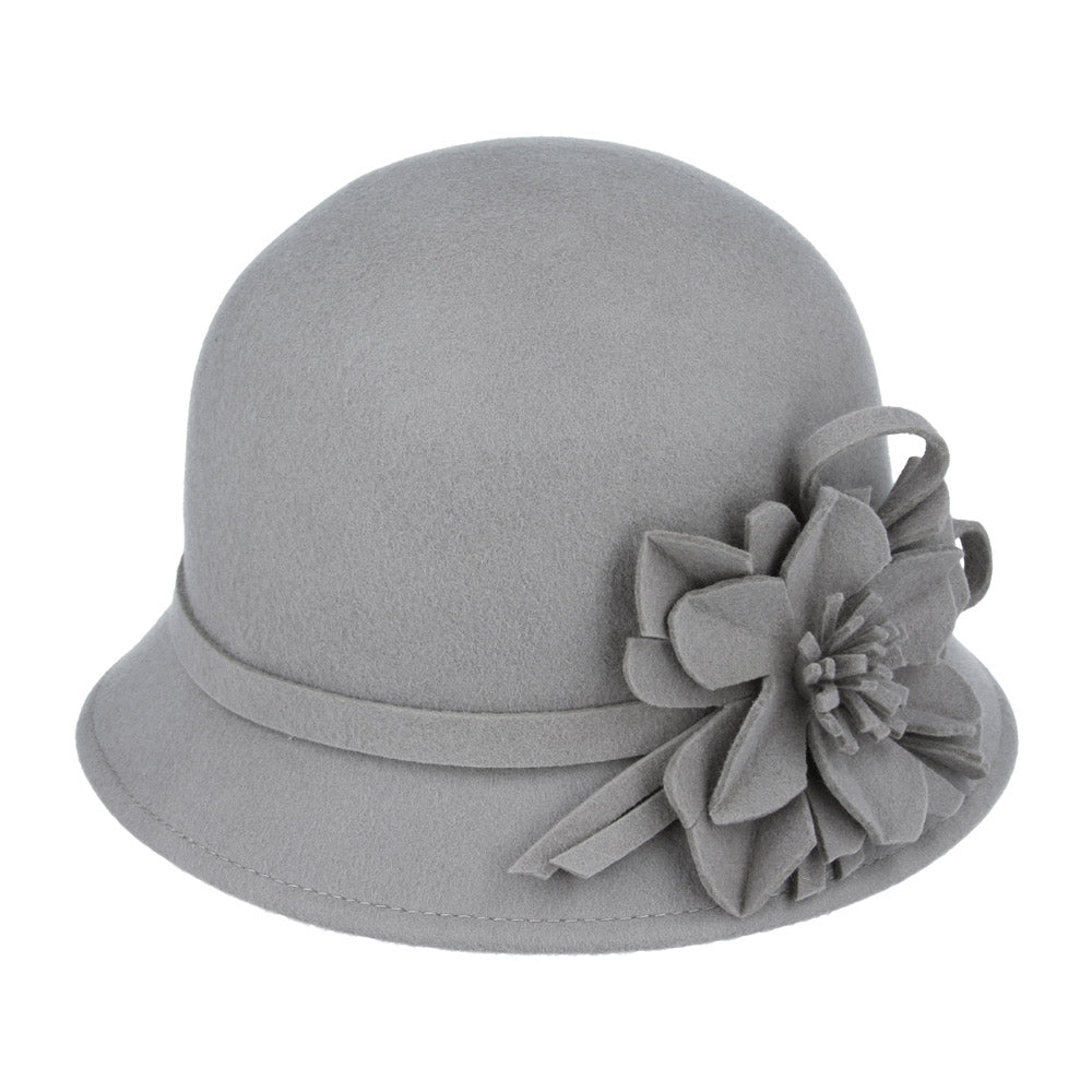Ladies Chic Vintage Wool Cloche Hat with Flower & Strap Belt – Grey
