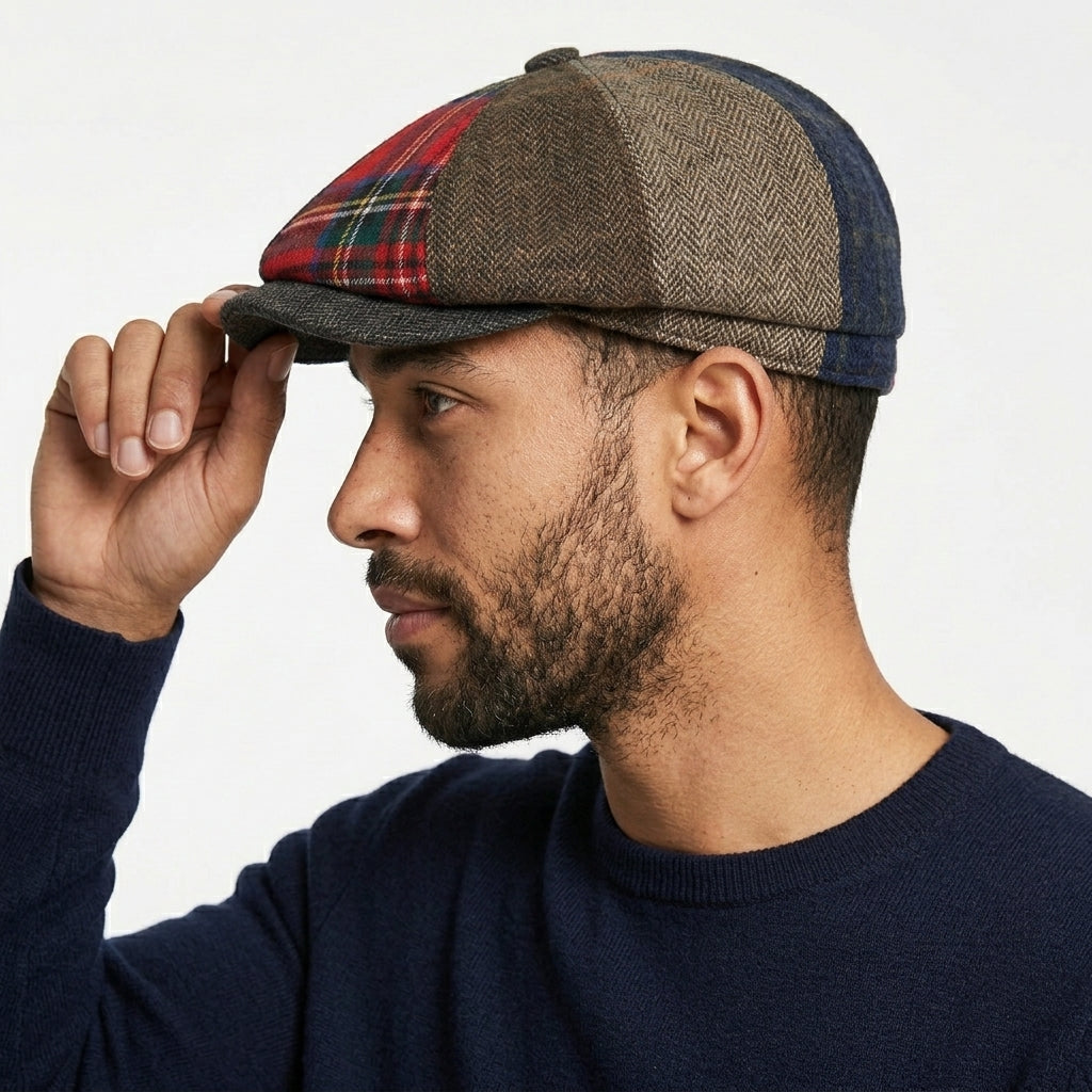 Men's Donegal Tweed Herringbone Tartan Patchwork Newsboy Cap – Multi Colour