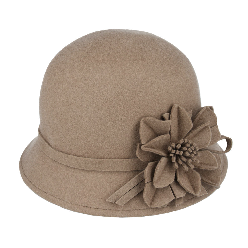 Ladies Chic Vintage Wool Cloche Hat with Flower & Strap Belt – Tan