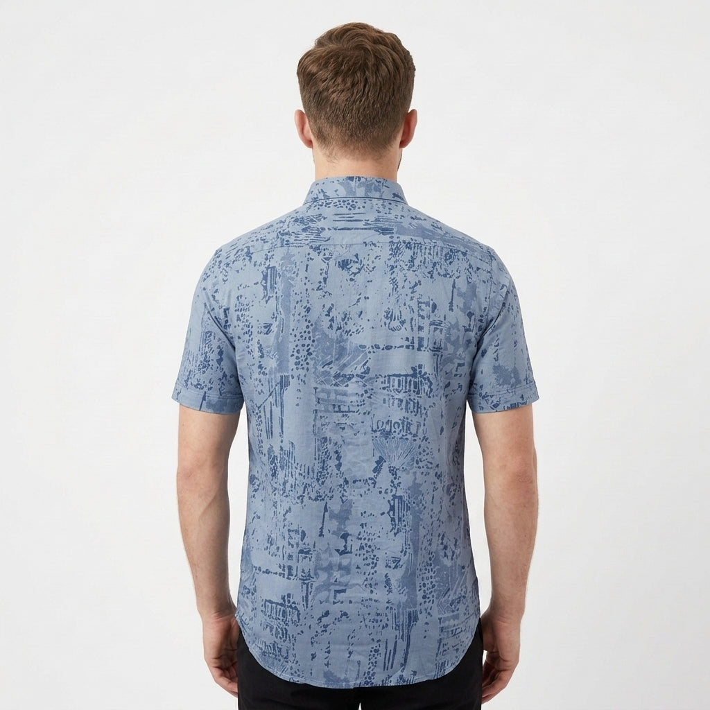 Men's cotton half sleeve abstract print summer beach travel casual shirt BLUE