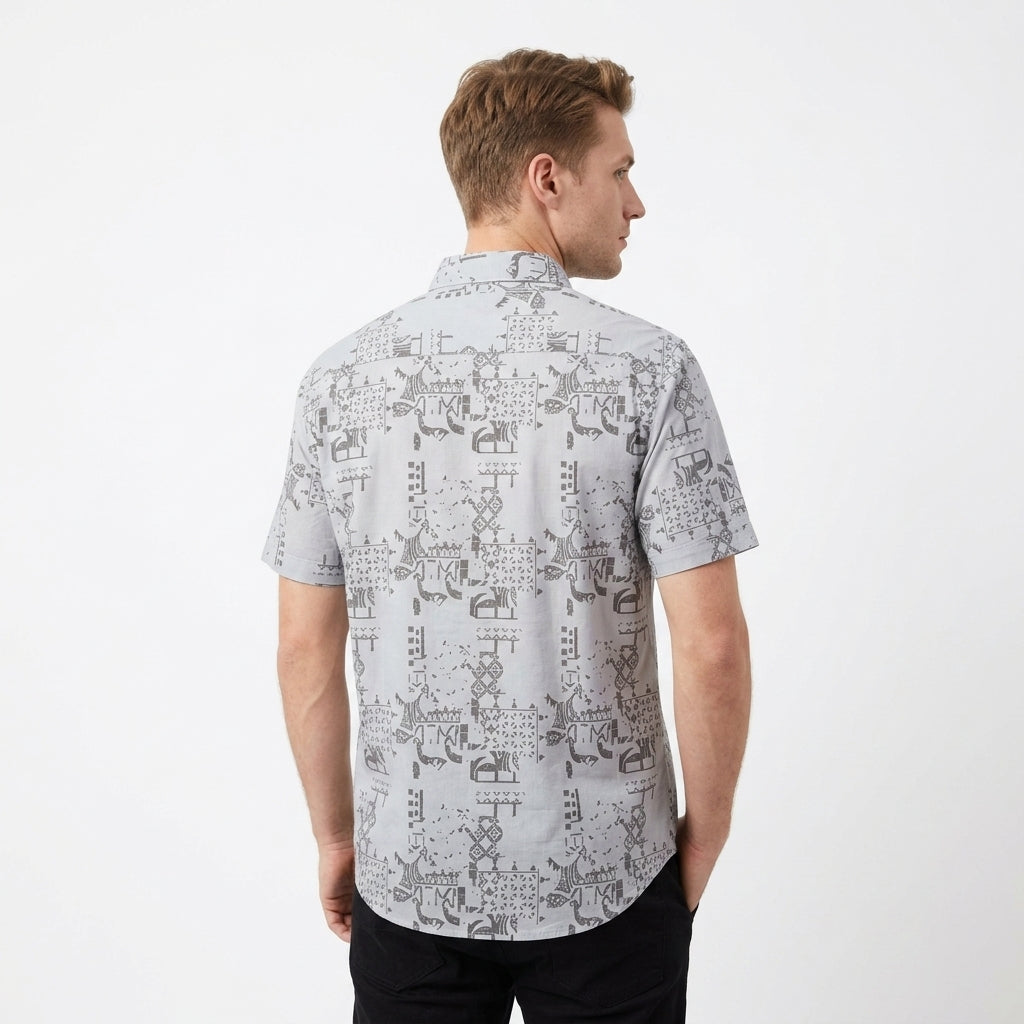 Men's cotton half sleeve abstract print summer beach travel casual shirt GREY