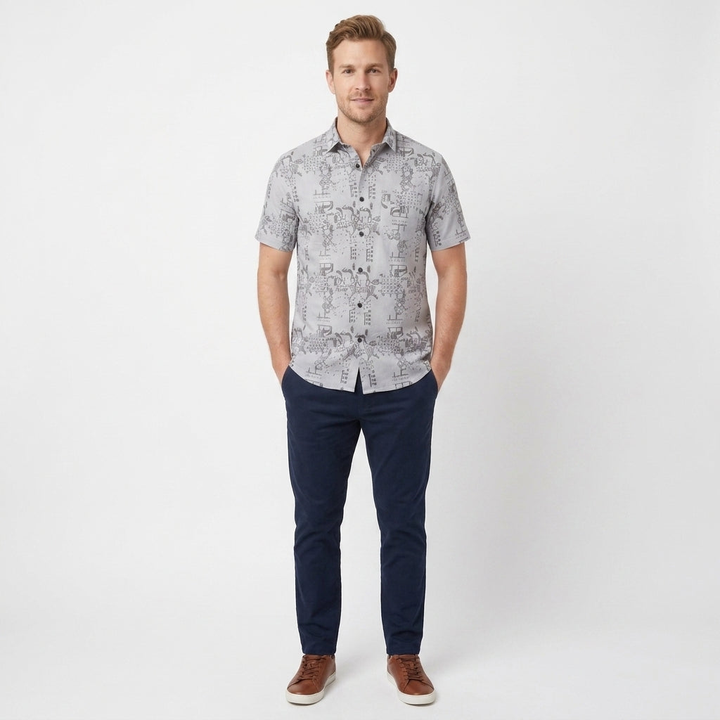 Men's Cotton Half Sleeve Abstract Print Shirt - Grey