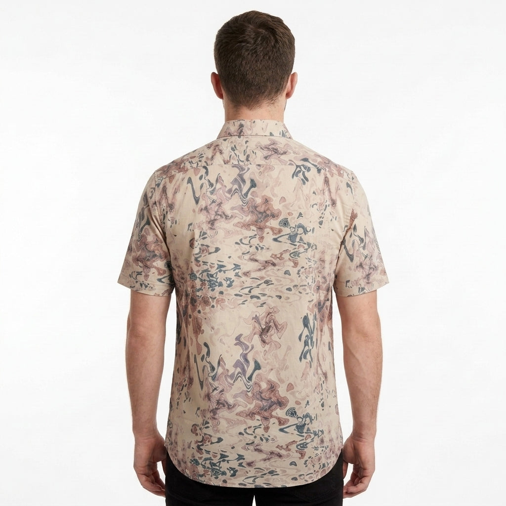 Men's printed short sleeve party beach wear summer satin shirt PEACH