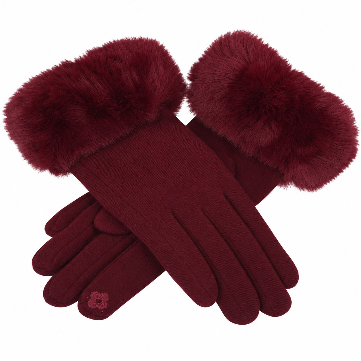 Ladies Soft Cotton Touchscreen Gloves with Faux Fur – Wine
