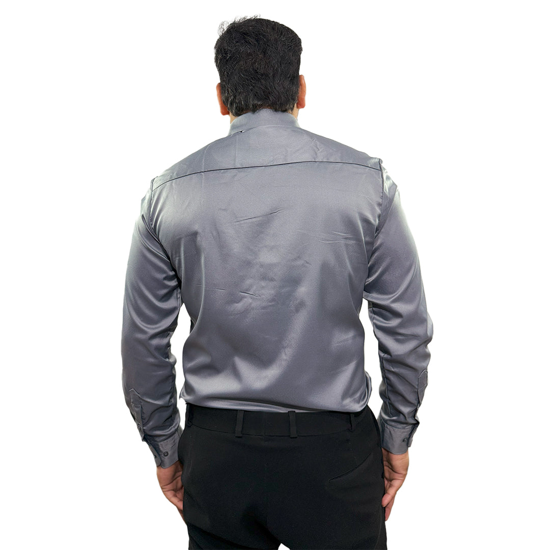 Men's Soft Satin Full Sleeve Casual Wedding & Party Shirt in dark grey