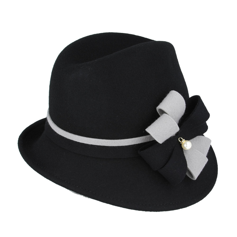Ladies Chic Vintage Wool Cloche Hat with Flower, Bow & Strap Belt – Black
