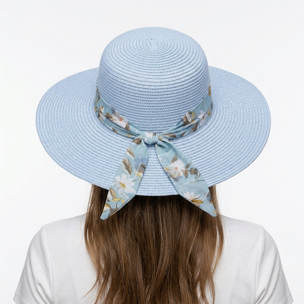 Women's Straw Sun Hat with Paisley Bow – Blue
