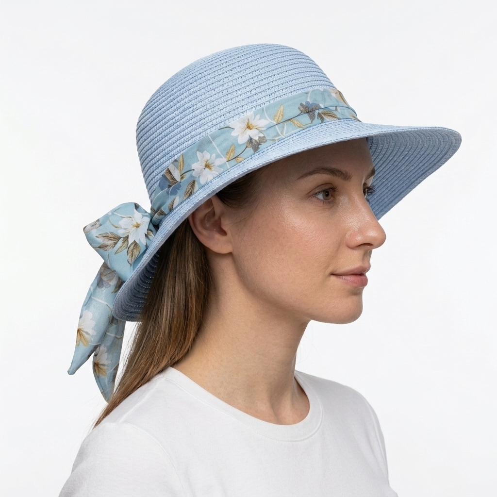 Women's Summer Straw Sun Hat with Paisley Bow – Blue