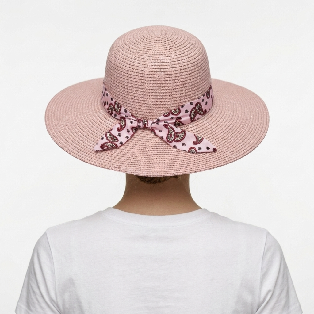 Women's Straw Sun Hat with Paisley Bow – Pink