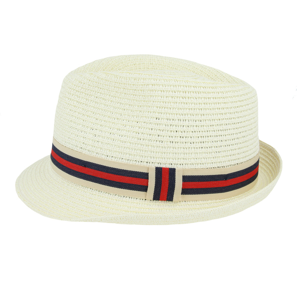 Unisex Natural Beige Straw Fedora Hat with Striped Band