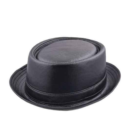 MENS CLASSIC FAUX LEATHER PORK PIE HAT IN BLACK