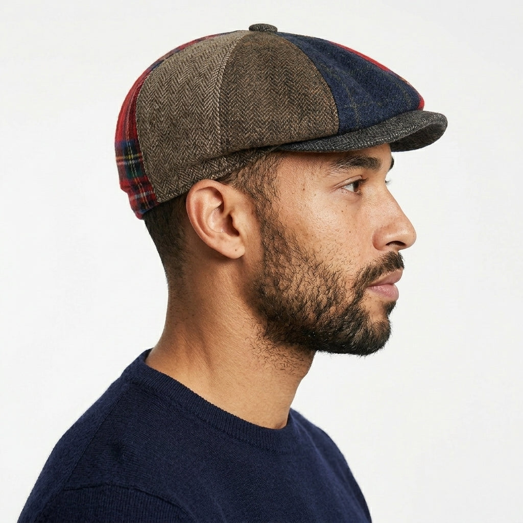 Men's Donegal Tweed Herringbone Tartan Patchwork Newsboy Cap – Multi Colour