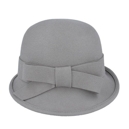 Product Title: Ladies Chic Vintage Wool Cloche Hat with Bow & Belt – Grey