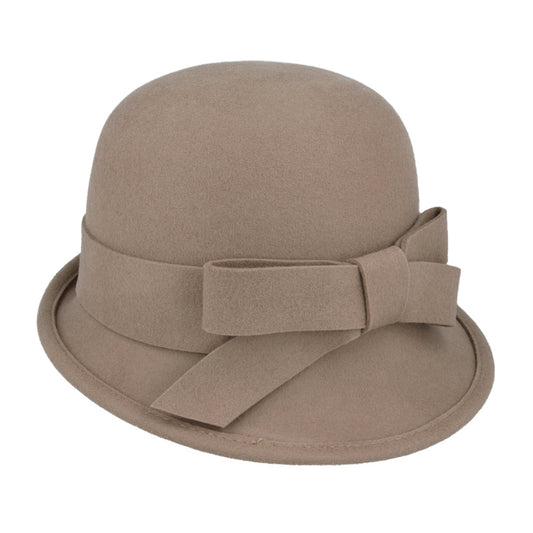 Ladies Chic Vintage Wool Cloche Hat with Bow & Belt – Tan