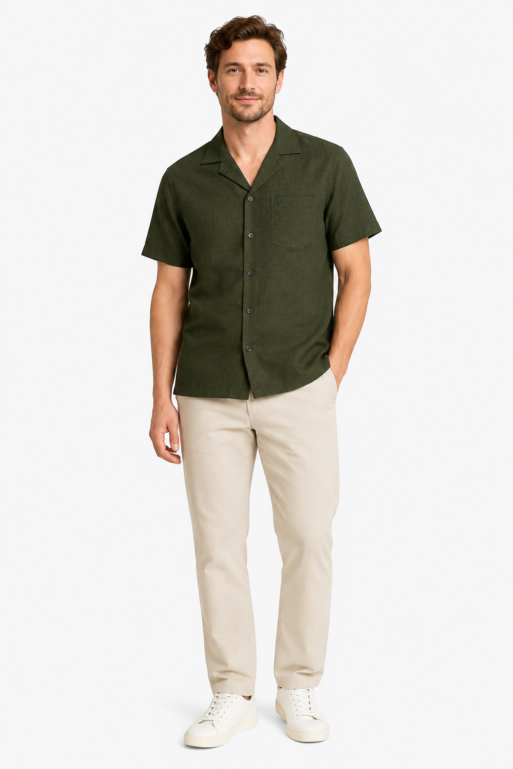 Men’s Premium Linen Cuban Collar Shirt – Olive
