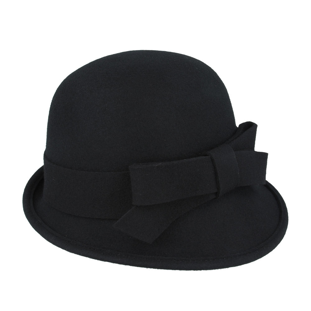 Ladies Chic Vintage Wool Cloche Hat with Bow & Belt – Black