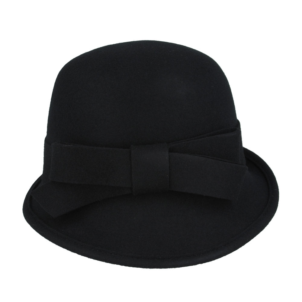 Ladies Chic Vintage Wool Cloche Hat with Bow & Belt – Black