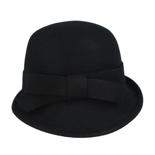 Ladies Chic Vintage Wool Cloche Hat with Bow & Belt – Black