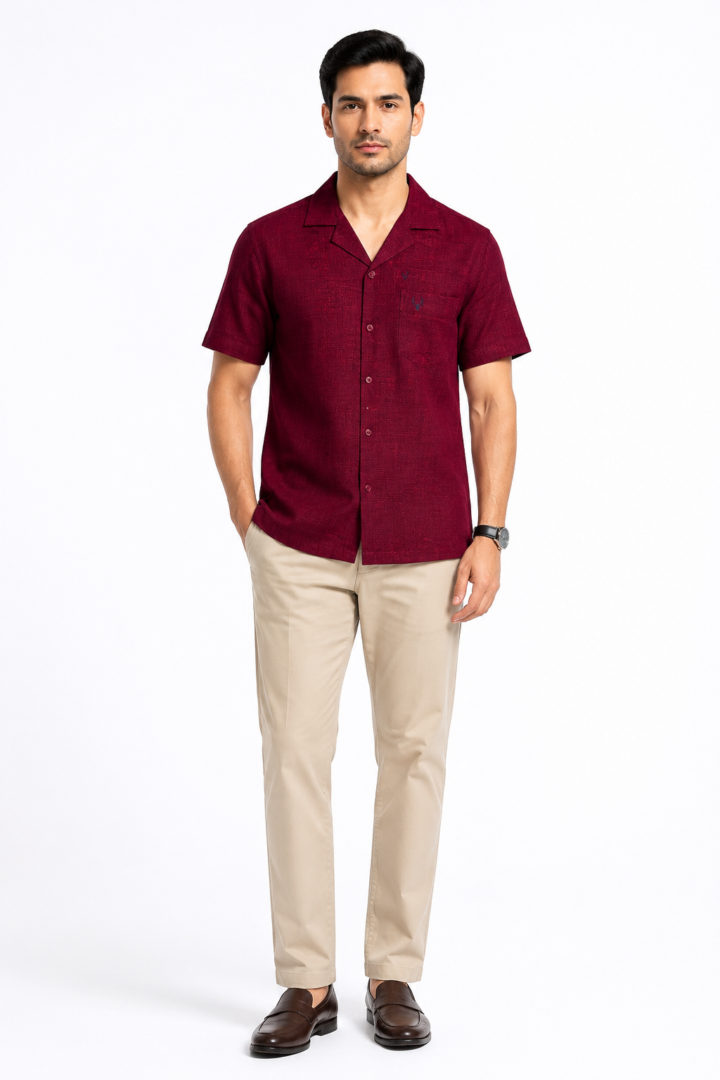 Men’s Premium Linen Cuban Collar Shirt – Maroon