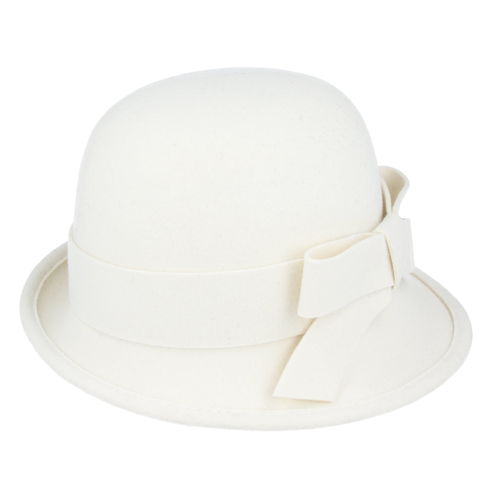 Ladies Chic Vintage Wool Cloche Hat with Bow & Belt – Ivory