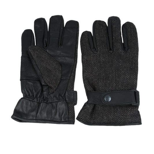 Men’s Genuine Leather Gloves with Herringbone Design & Touchscreen Function – Black