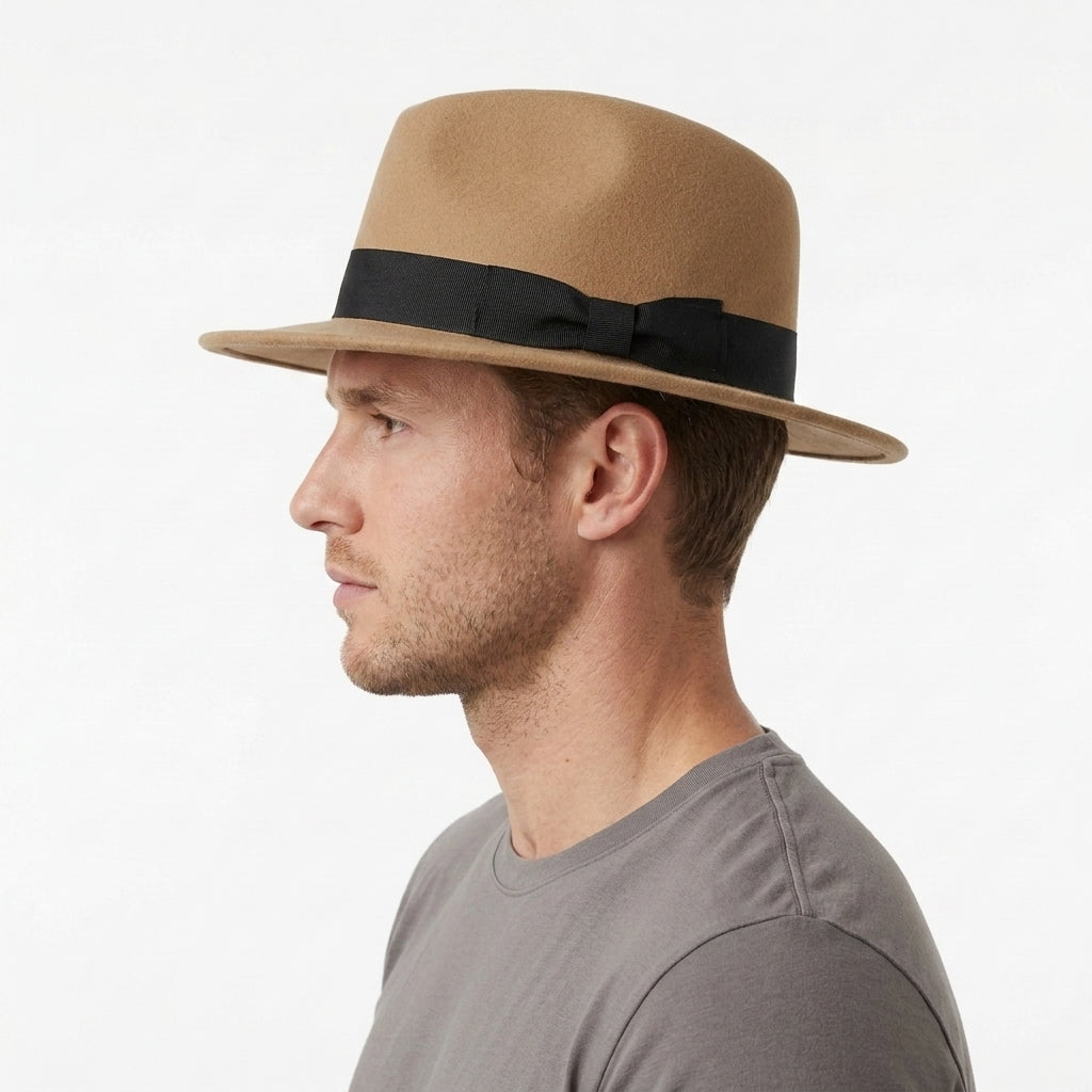 Men's Tan Crushable 100% Wool Wide Brim Fedora Hat