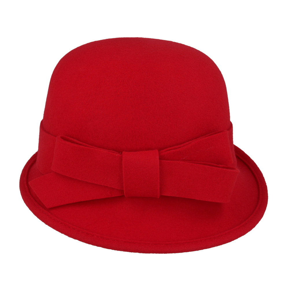 Ladies Chic Vintage Wool Cloche Hat with Bow & Belt – Red