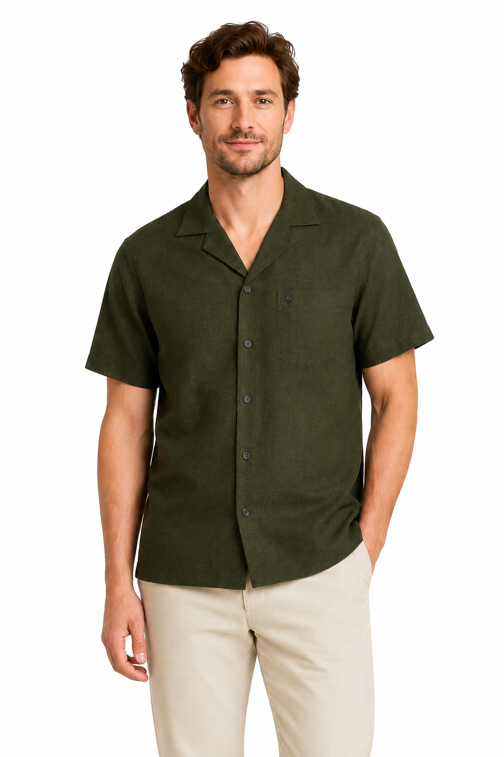 Men’s Premium Linen Cuban Collar Shirt – Olive