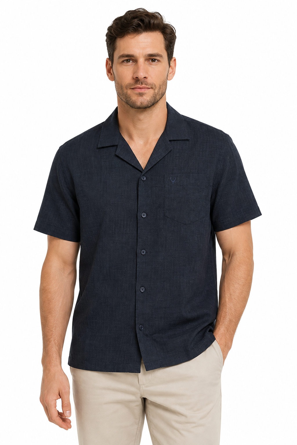 Men’s Premium Linen Cuban Collar Shirt – Navy
