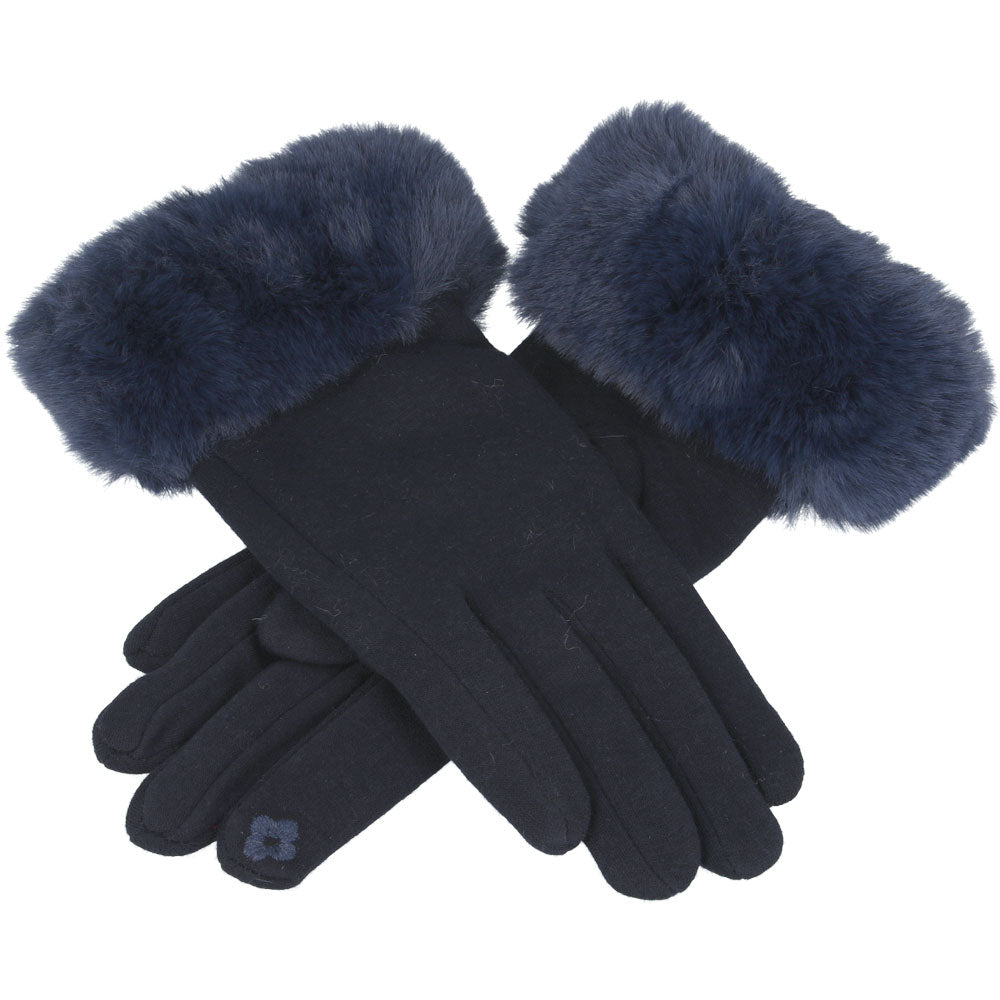 Ladies Soft Cotton Touchscreen Gloves with Faux Fur – Navy