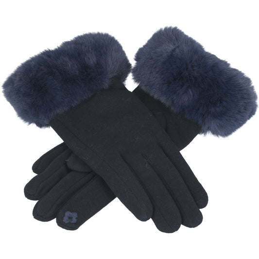 Ladies Soft Cotton Touchscreen Gloves with Faux Fur – Navy