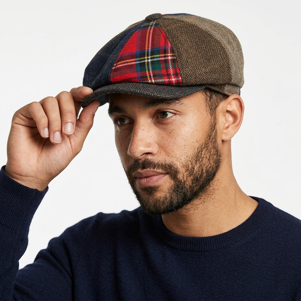 Men's Donegal Tweed Herringbone Tartan Patchwork Newsboy Cap – Multi Colour
