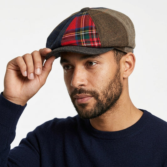 Men's Donegal Tweed Herringbone Tartan Patchwork Newsboy Cap – Multi Colour