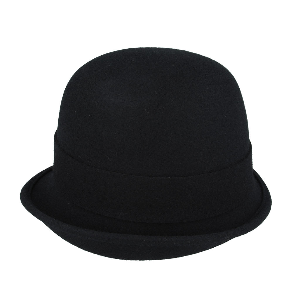 Ladies Chic Vintage Wool Cloche Hat with Bow & Belt – Black