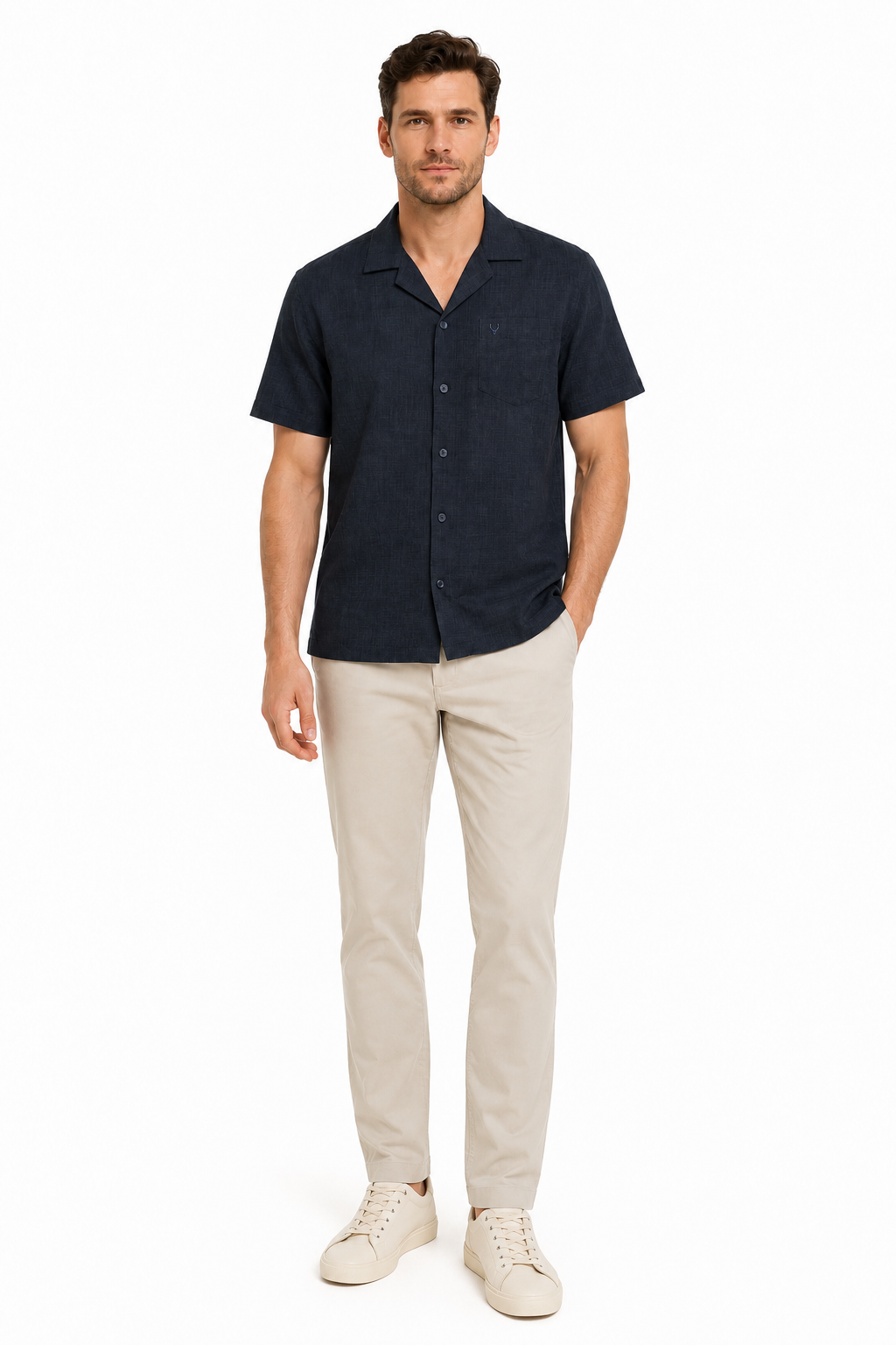 Men’s Premium Linen Cuban Collar Shirt – Navy