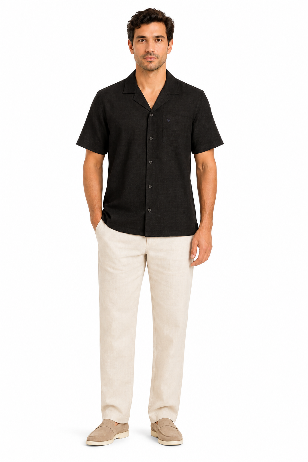 Men’s Premium Linen Cuban Collar Shirt – Black