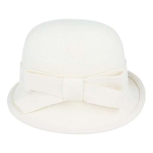 Ladies Chic Vintage Wool Cloche Hat with Bow & Belt – Ivory