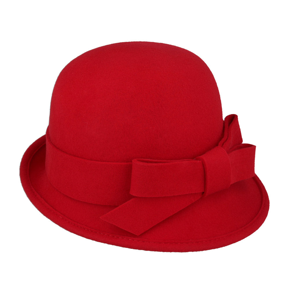 Ladies Chic Vintage Wool Cloche Hat with Bow & Belt – Red