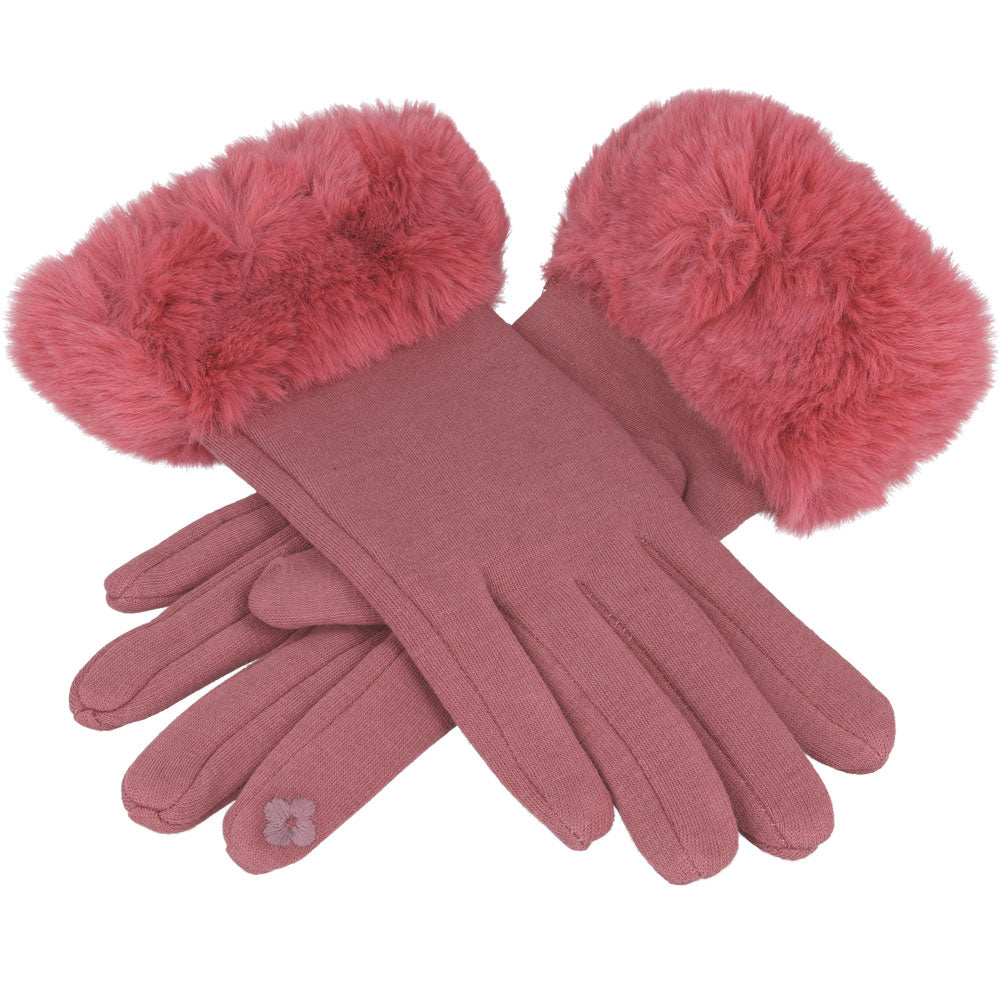 Ladies Soft Cotton Touchscreen Gloves with Faux Fur – Pink
