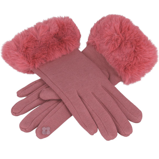 Ladies Soft Cotton Touchscreen Gloves with Faux Fur – Pink