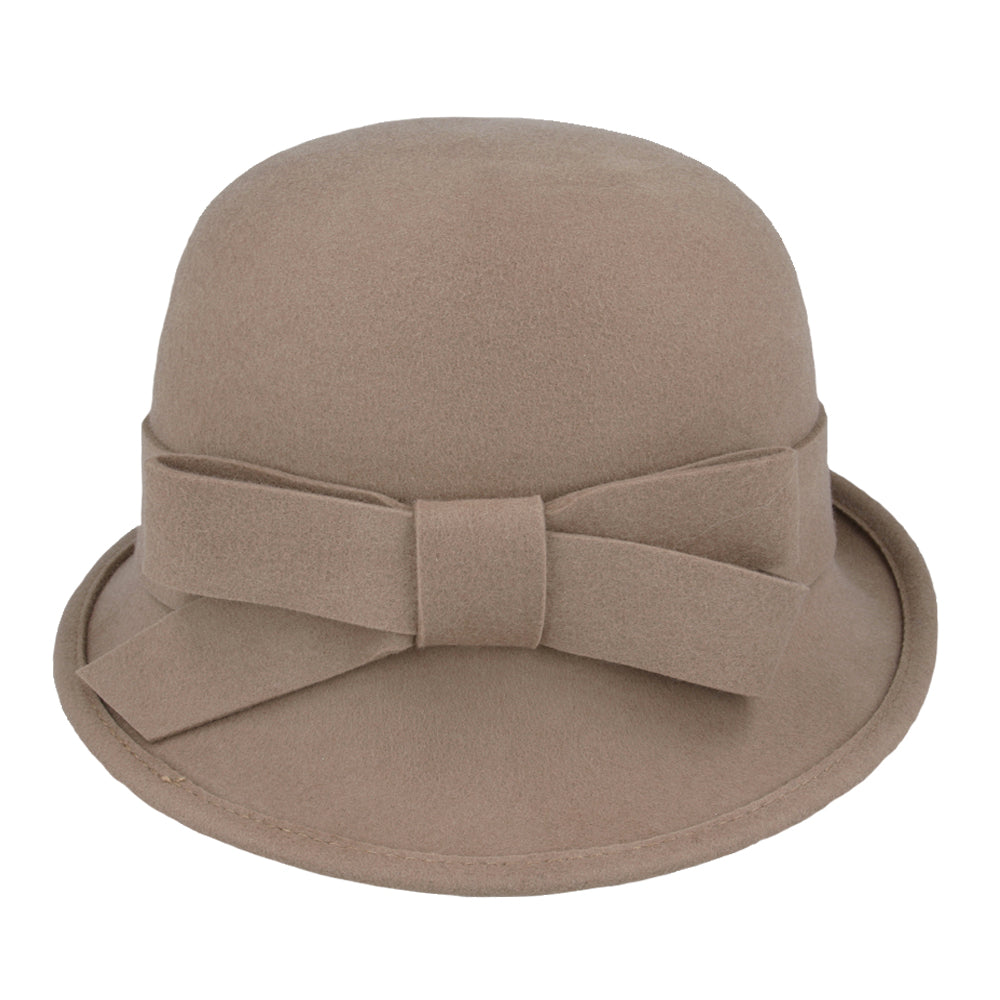 Ladies Chic Vintage Wool Cloche Hat with Bow & Belt – Tan