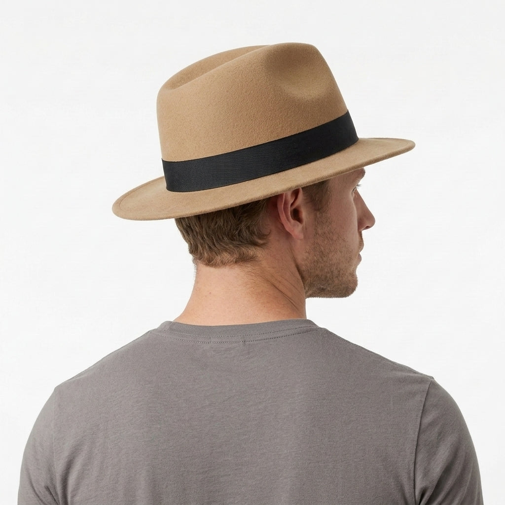 Men's Tan Crushable 100% Wool Wide Brim Fedora Hat