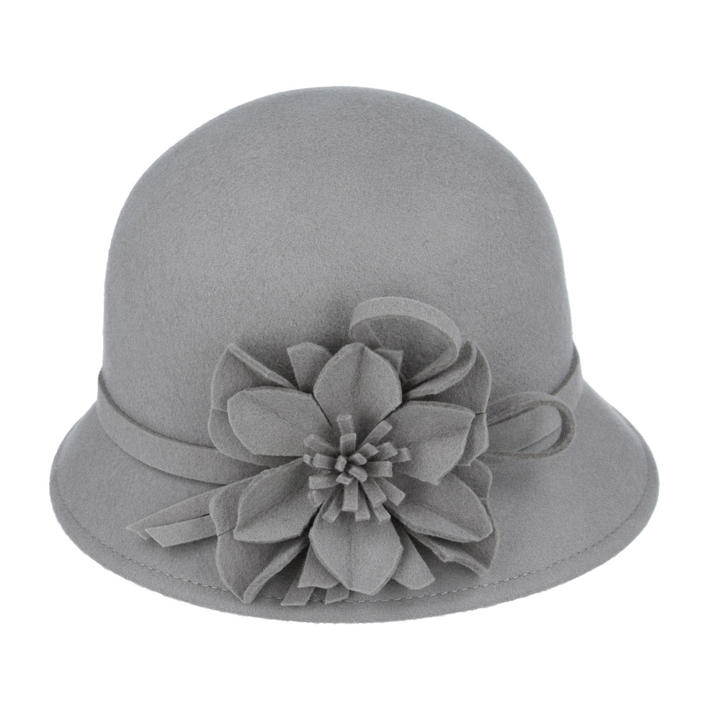 Ladies Chic Vintage Wool Cloche Hat with Flower & Strap Belt – Grey