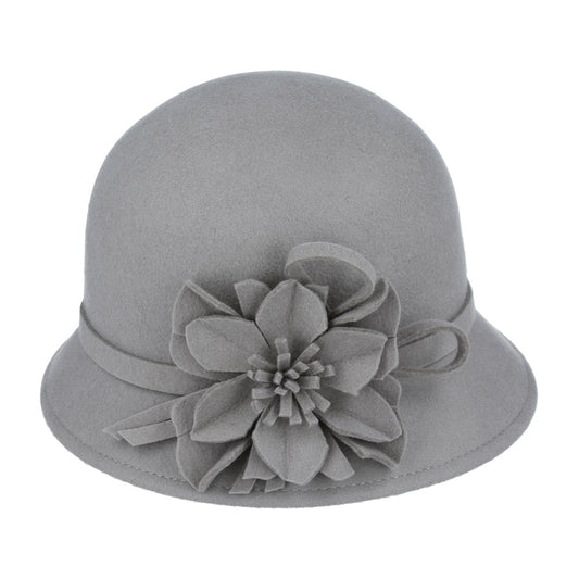 Ladies Chic Vintage Wool Cloche Hat with Flower & Strap Belt – Grey