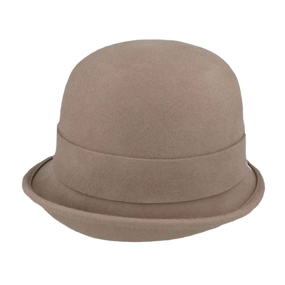 Ladies Chic Vintage Wool Cloche Hat with Bow & Belt – Tan