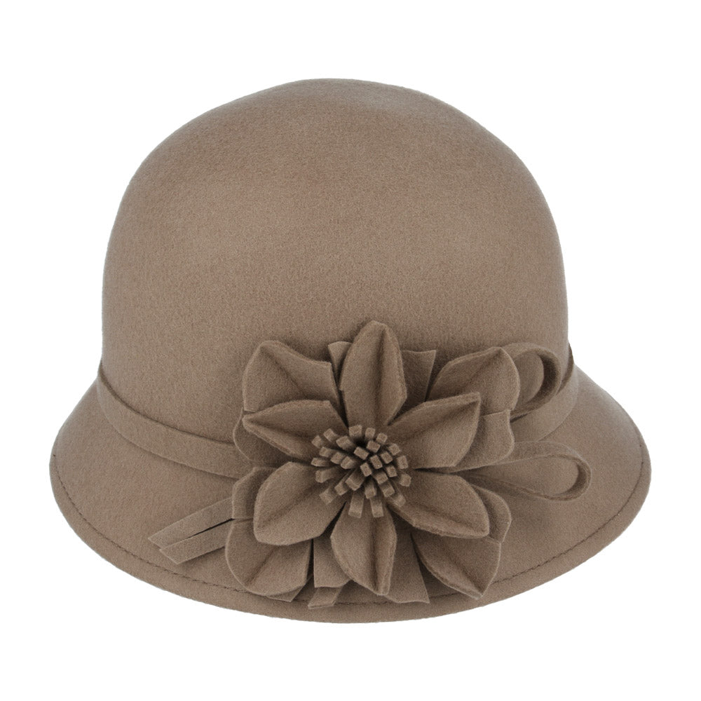 Ladies Chic Vintage Wool Cloche Hat with Flower & Strap Belt – Tan