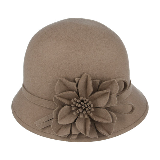Ladies Chic Vintage Wool Cloche Hat with Flower & Strap Belt – Tan