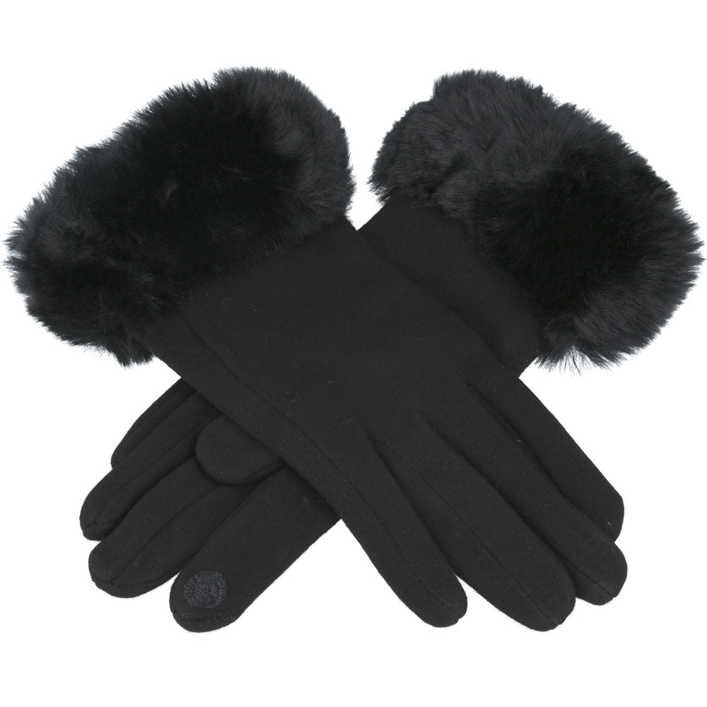 Ladies Soft Cotton Touchscreen Gloves with Faux Fur – Black