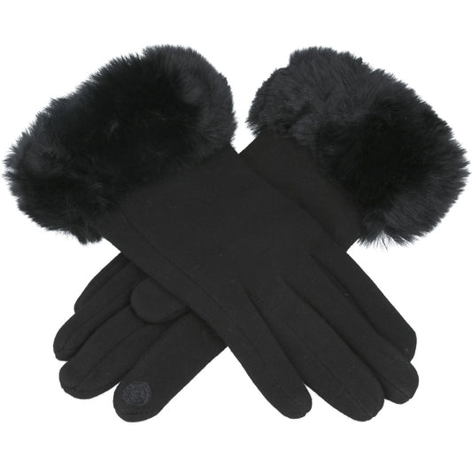 Ladies Soft Cotton Touchscreen Gloves with Faux Fur – Black
